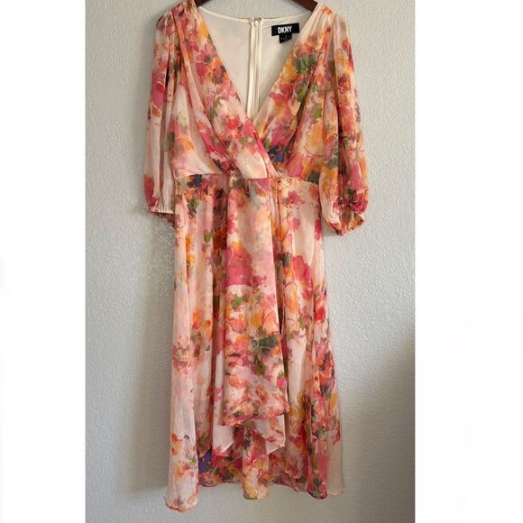DKNY Spring Floral V Neck Faux Wrap Dress 3/4 Sleeve - Picture 1 of 7